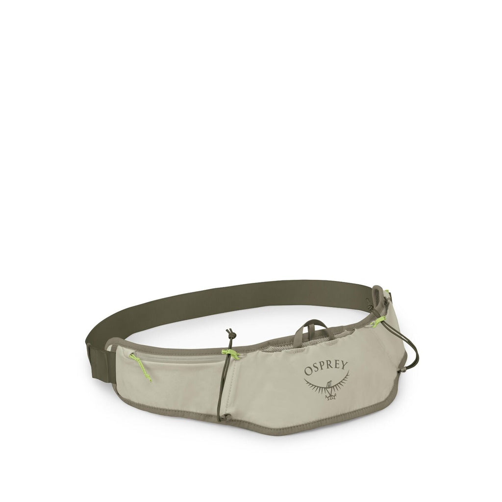 The image features an Osprey branded waist belt, likely designed for hiking or running. It is predominantly in a light olive or beige color with contrasting dark green straps. The waist belt has multiple compartments, as indicated by the presence of zippe