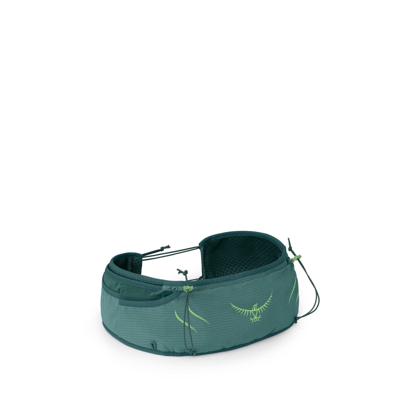 The image showcases a green waist pack designed for outdoor activities, likely made by Osprey, as indicated by the logo prominently displayed on the front. The pack features a zippered compartment, along with adjustable cords for securing additional items