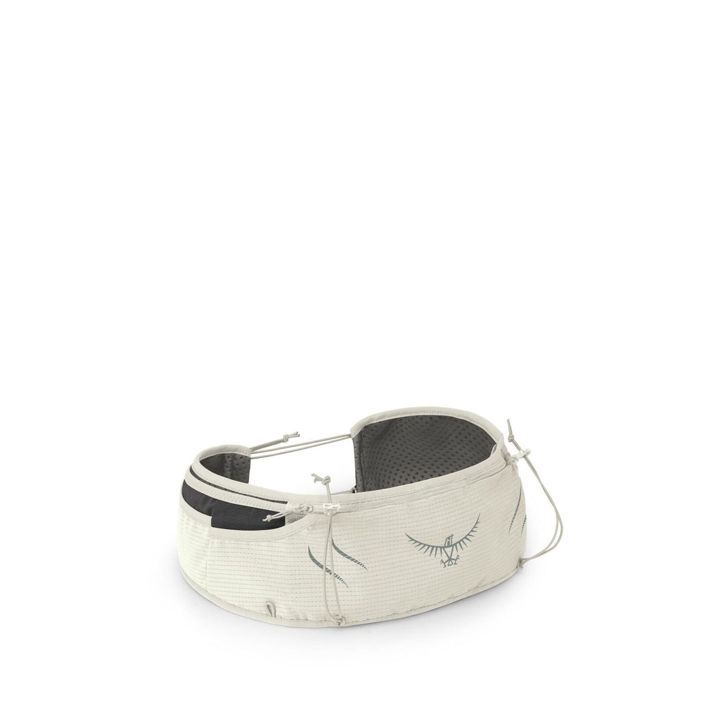 The image features a light gray waist pack designed for outdoor or athletic use. It has a sleek design with multiple compartments for storage, including a zippered pocket on the front. The pack features a logo of an eagle with outspread wings and addition