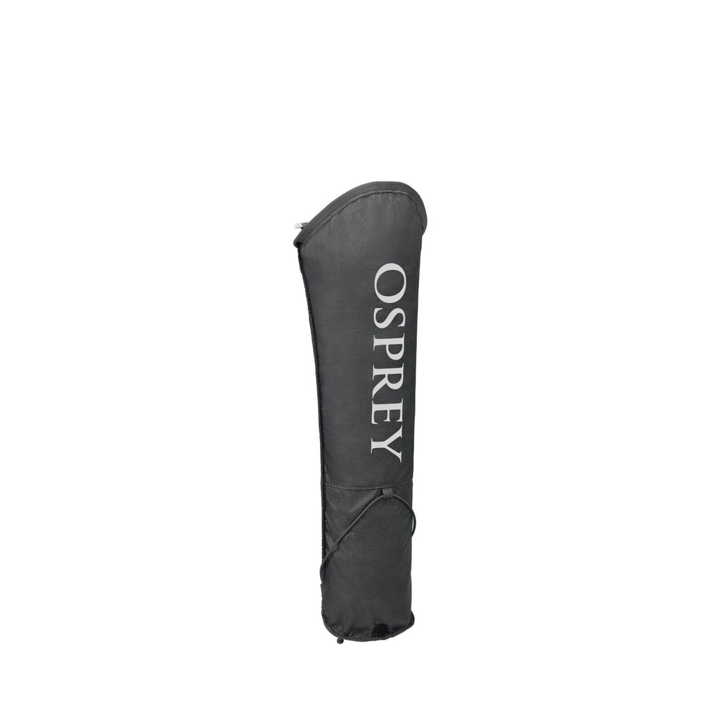 The image depicts a black protective case designed for storing skis. The case is vertically oriented and features the brand name "OSPREY" prominently printed in white letters along its length. The case has a long, narrow shape with an adjustable strap tha