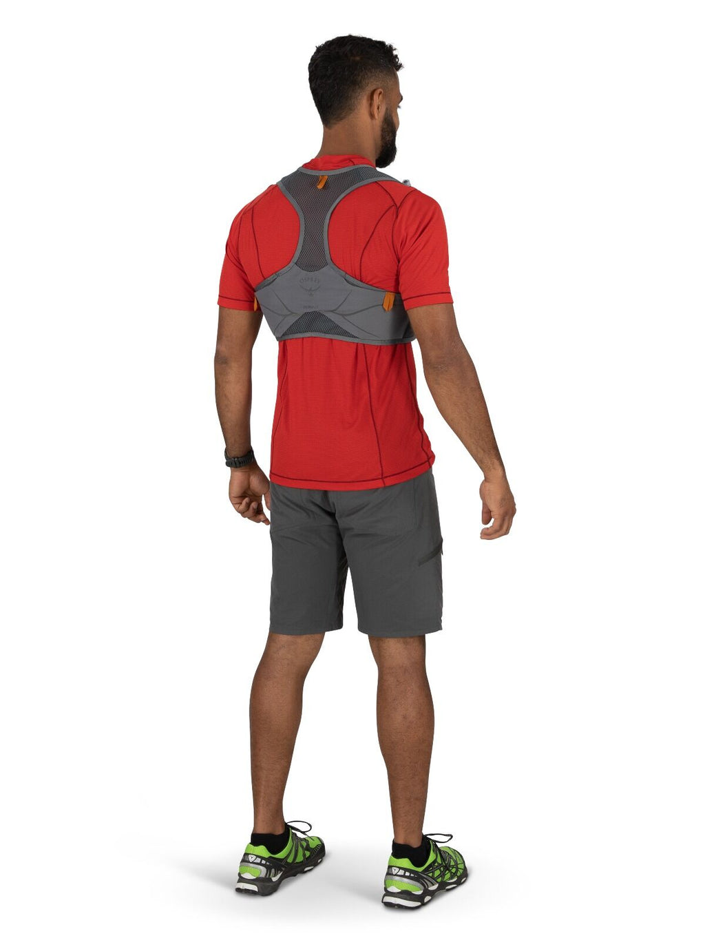 back view of person wearing the Duro LT in color phantom gray toffee orange