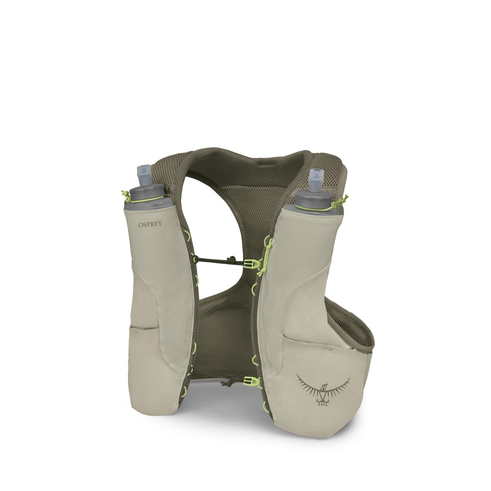 The image features an Osprey hydration vest, which is designed for outdoor activities like running or hiking. It is light gray in color with two front compartments holding hydration bottles, each equipped with a spout for easy drinking. The vest includes
