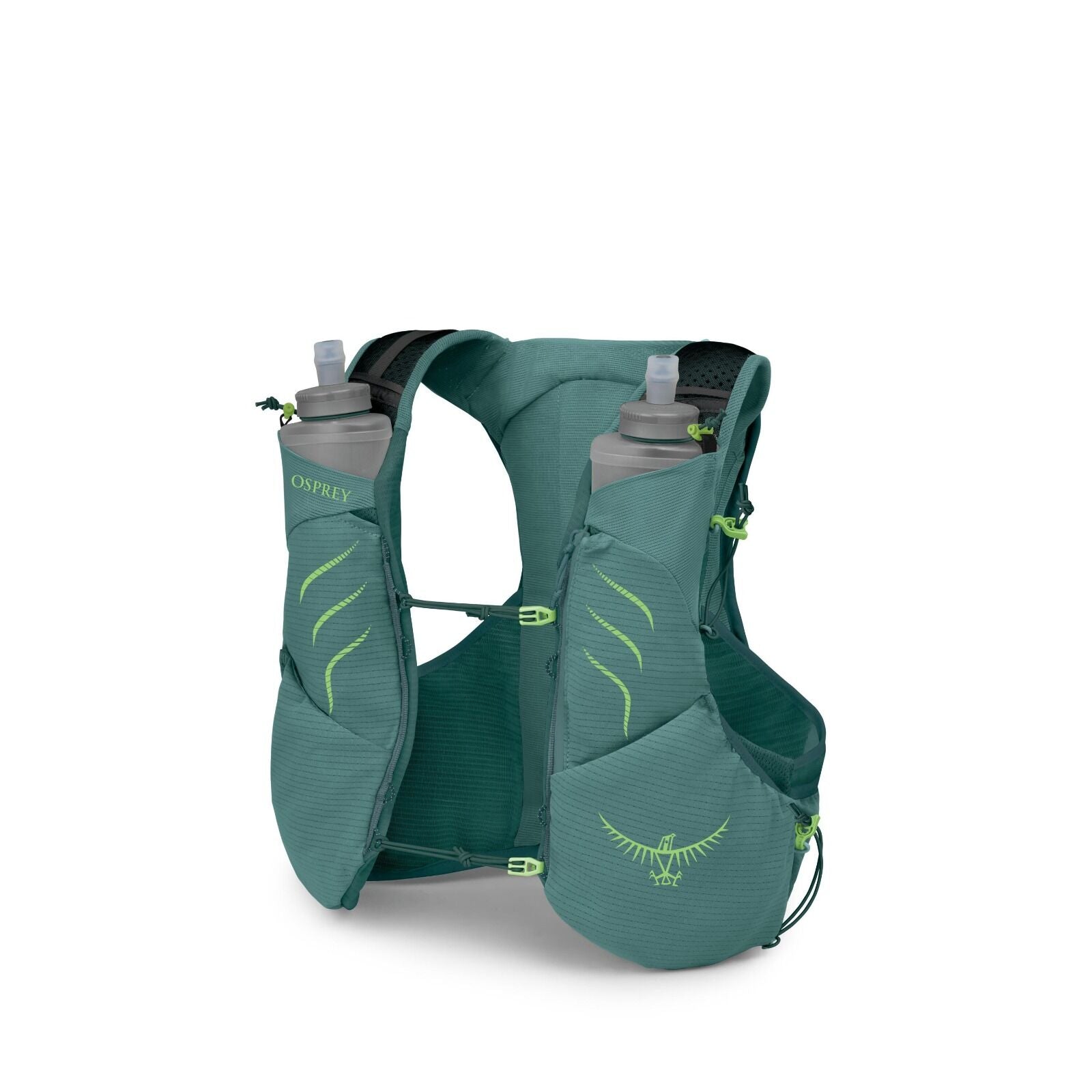 The image features an Osprey hydration vest designed for active use, likely for activities such as running or hiking. The vest is green with neon yellow accents and features two large, easily accessible front pockets, each housing a water bottle. The desi