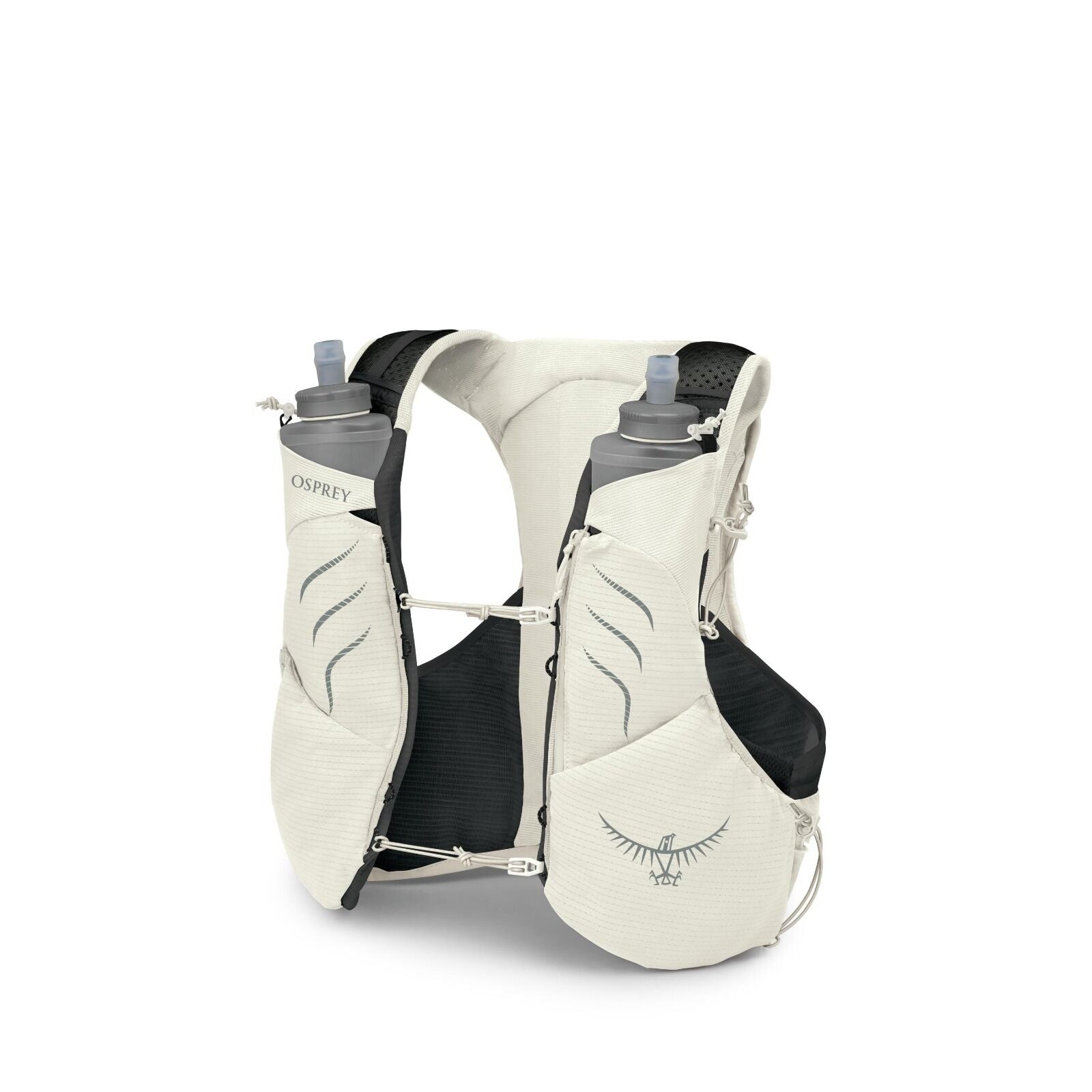 The image displays a white and black hydration vest made by Osprey. The vest has two large pockets on the front, each containing a soft water bottle with a nozzle for easy access during activities like running or hiking. The front also features multiple a