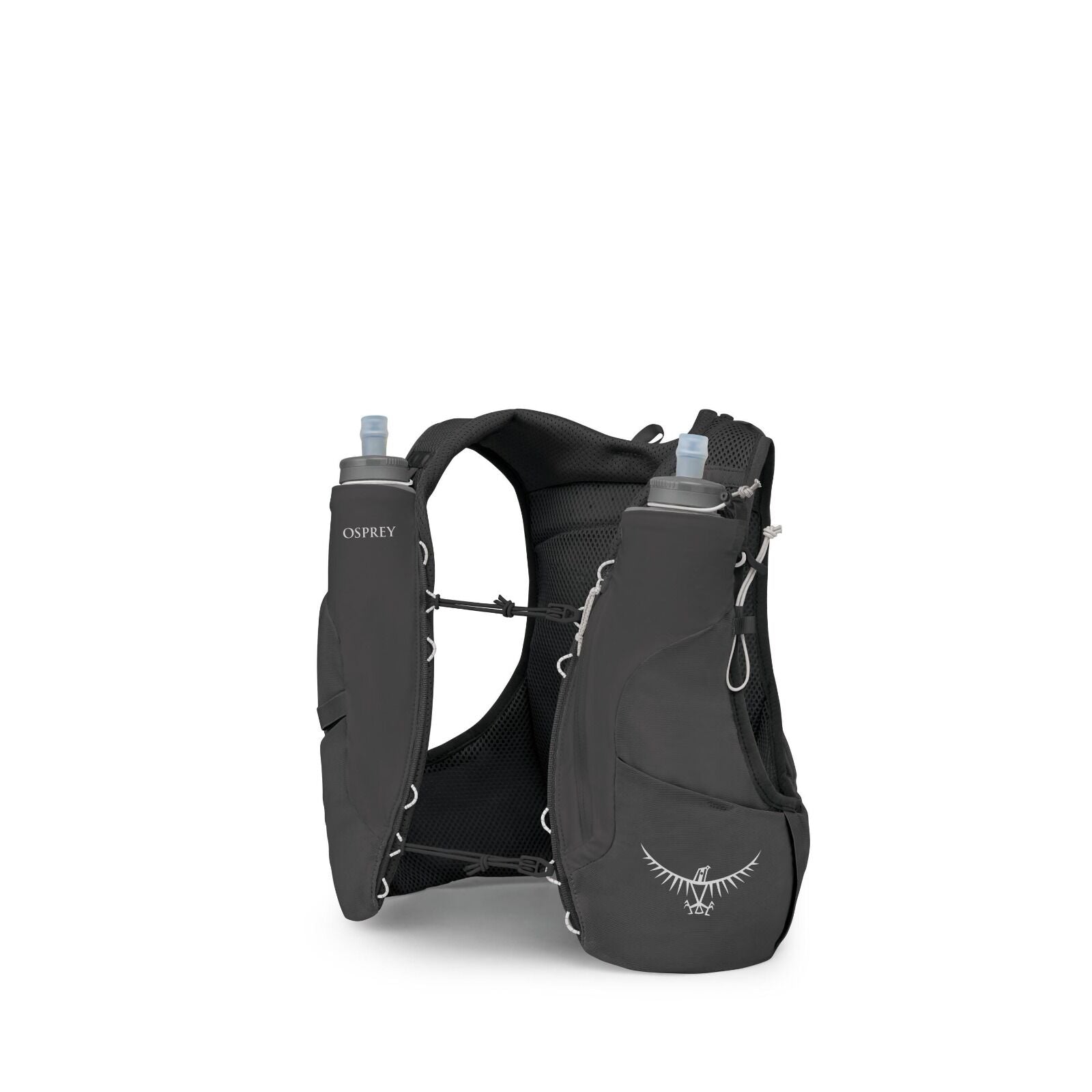 The image shows a person wearing a teal long-sleeve athletic shirt and dark shorts, equipped with a light hiking or running vest. The vest, which is light blue in color, is equipped with various gear including a trekking pole and a water bottle, indicatin