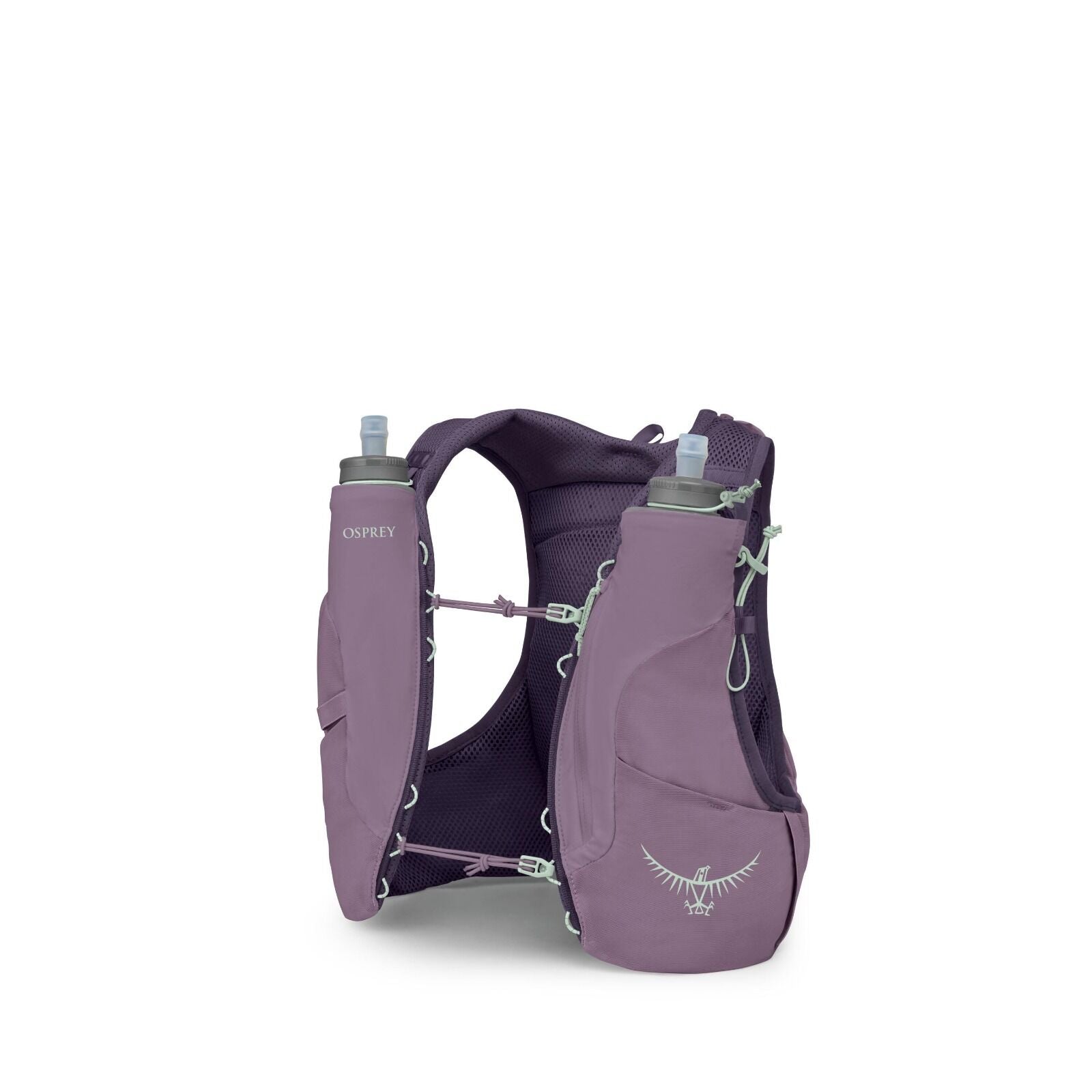 The image displays a hydration vest designed by Osprey, featuring two water bottles placed in front compartments for easy access. The vest is predominantly a lavender purple color and is made of a breathable mesh fabric, intended for comfort during physic