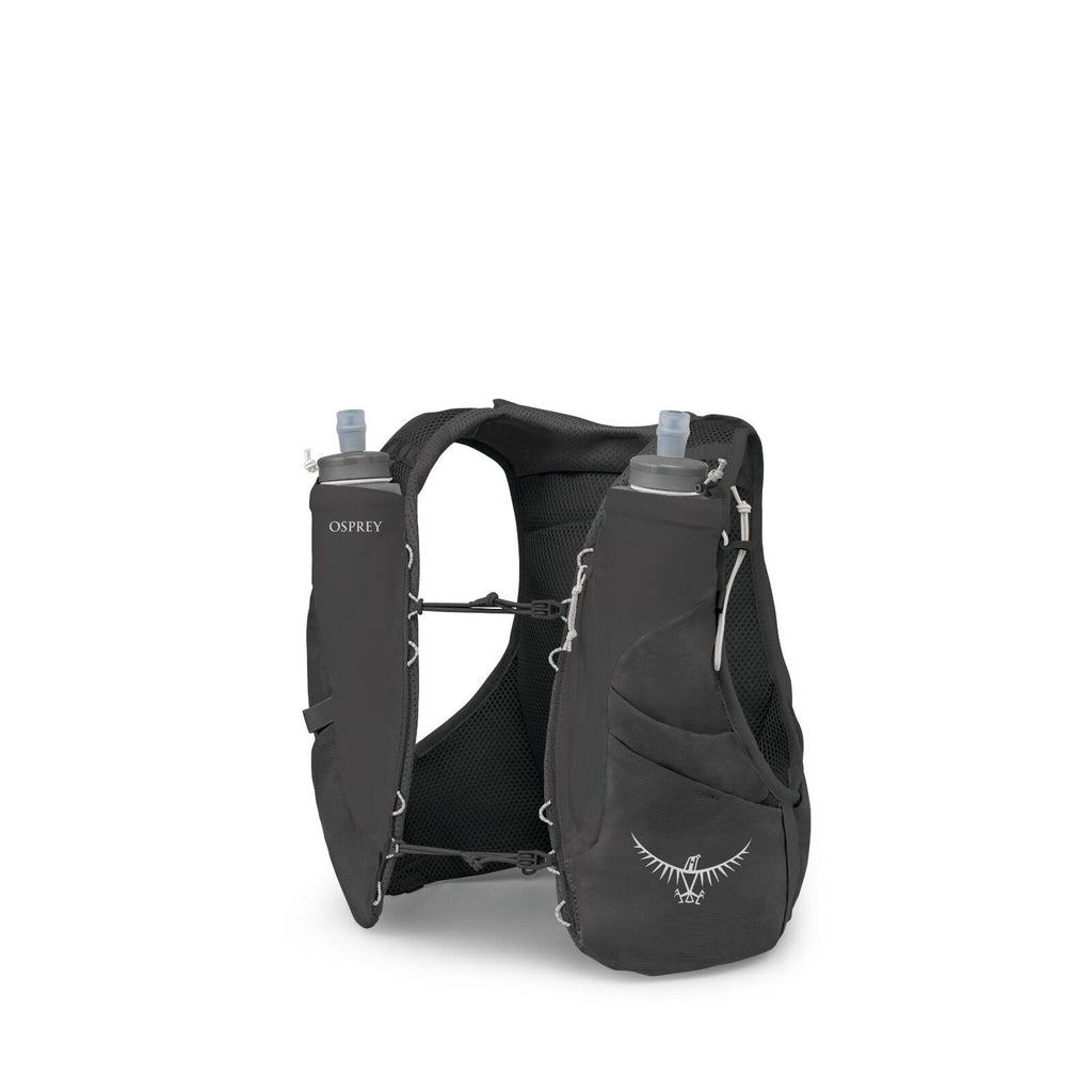 The image features an Osprey branded hydration vest designed for active outdoor activities such as running or hiking. It is primarily black with the Osprey logo visible on the front. The vest includes two front pockets each holding a soft water bottle wit