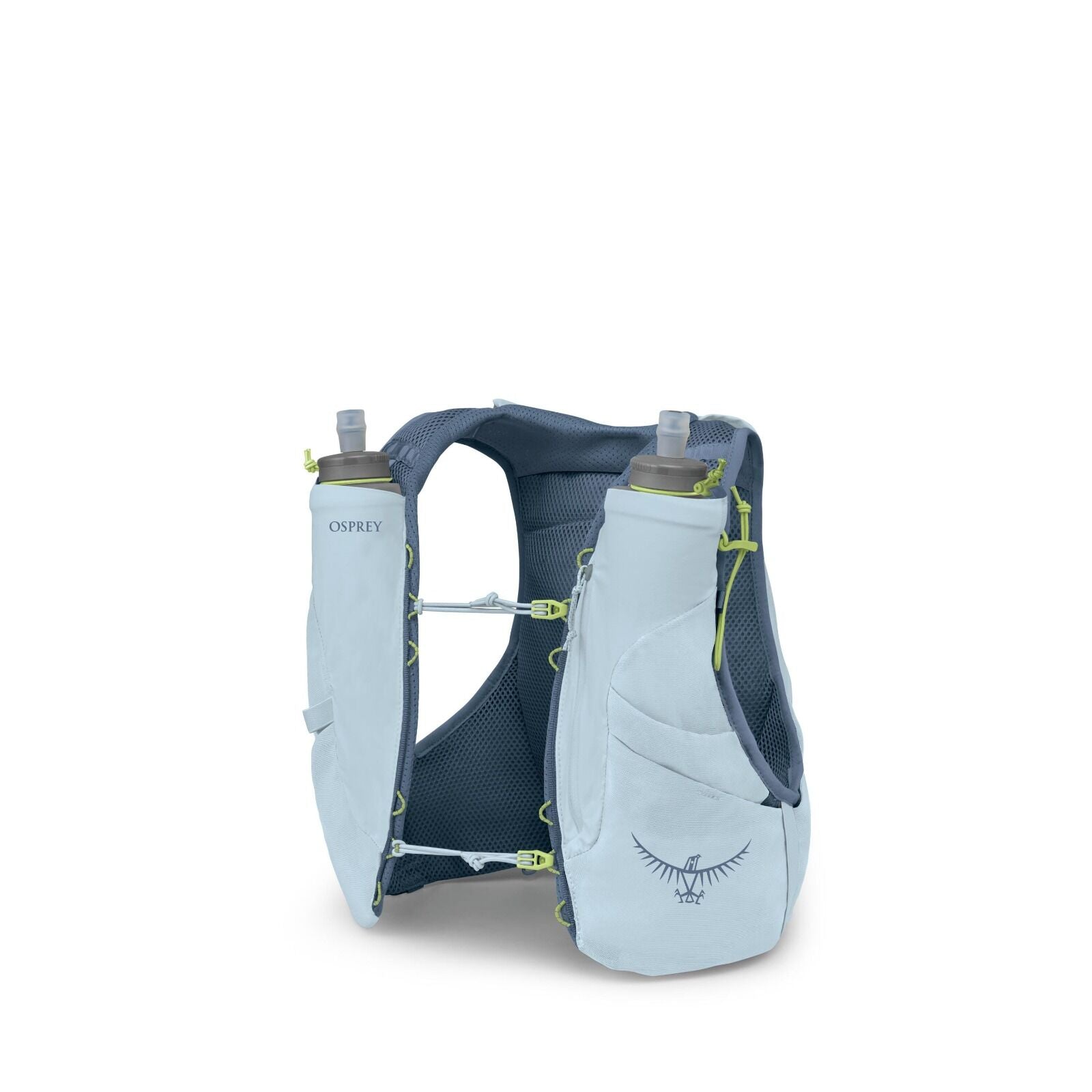 The image displays an Osprey hydration vest designed for activities such as running or hiking. The vest is light blue with darker blue mesh sections for breathability and comfort. It features two front pockets, each holding a soft, flexible water bottle w