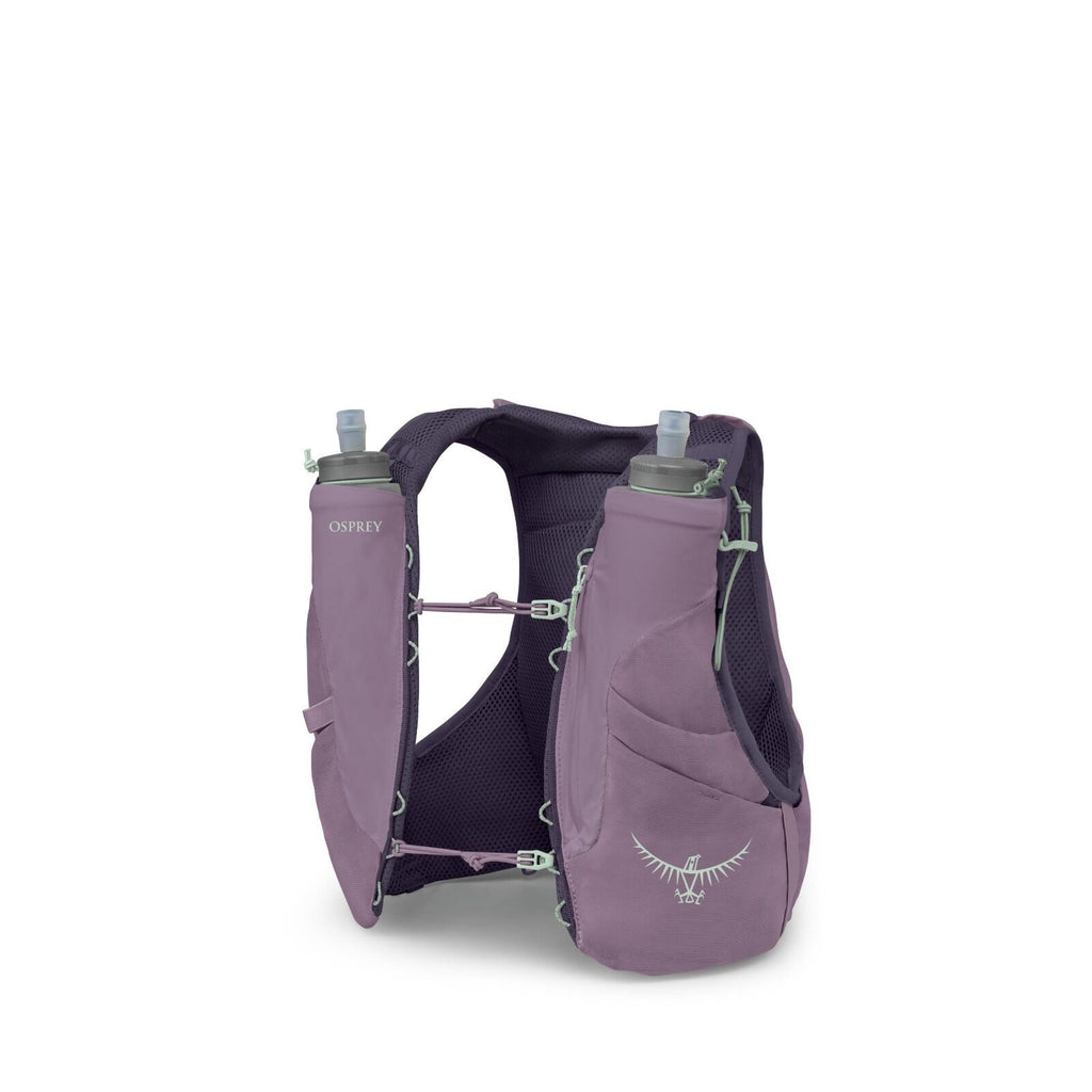 The image showcases a running vest by Osprey designed for hydration and storage. It is made from a soft, breathable fabric in a purple color, featuring two water bottles with lids positioned on the front chest area. The vest has multiple pockets for stori