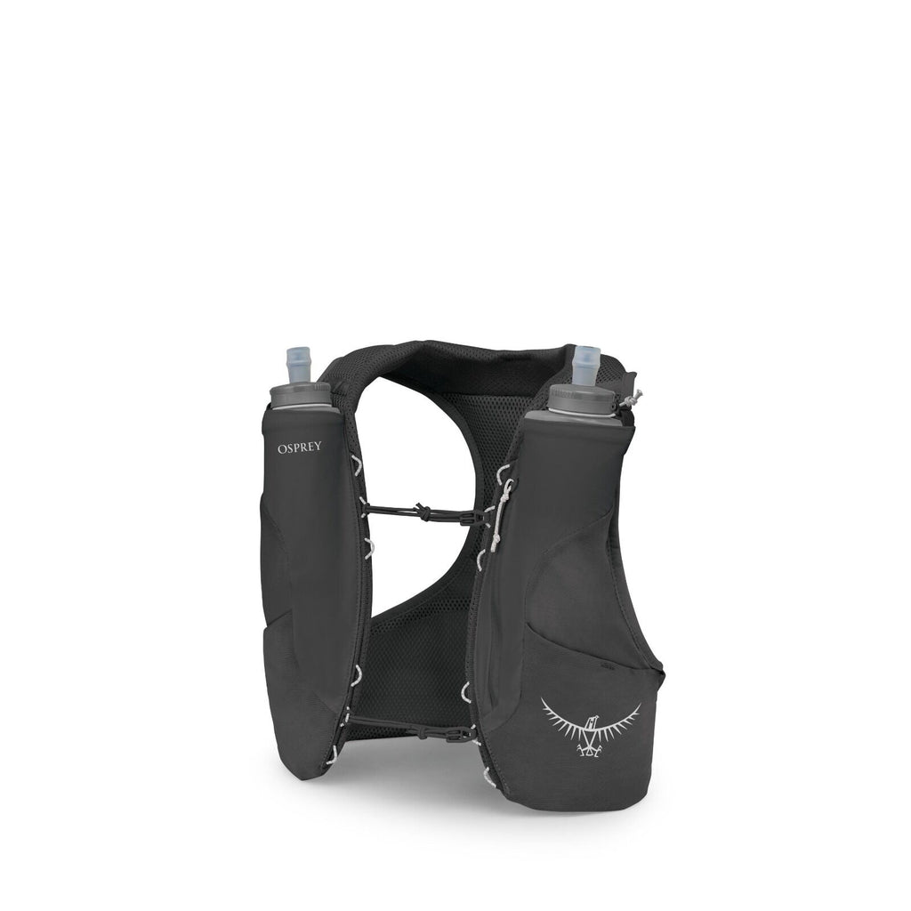 The images depict various stages of a disassembly or exploded view of an Osprey running vest. The first image shows the fully assembled black vest with two water bottles securely housed on the front and features the Osprey logo prominently on the pockets