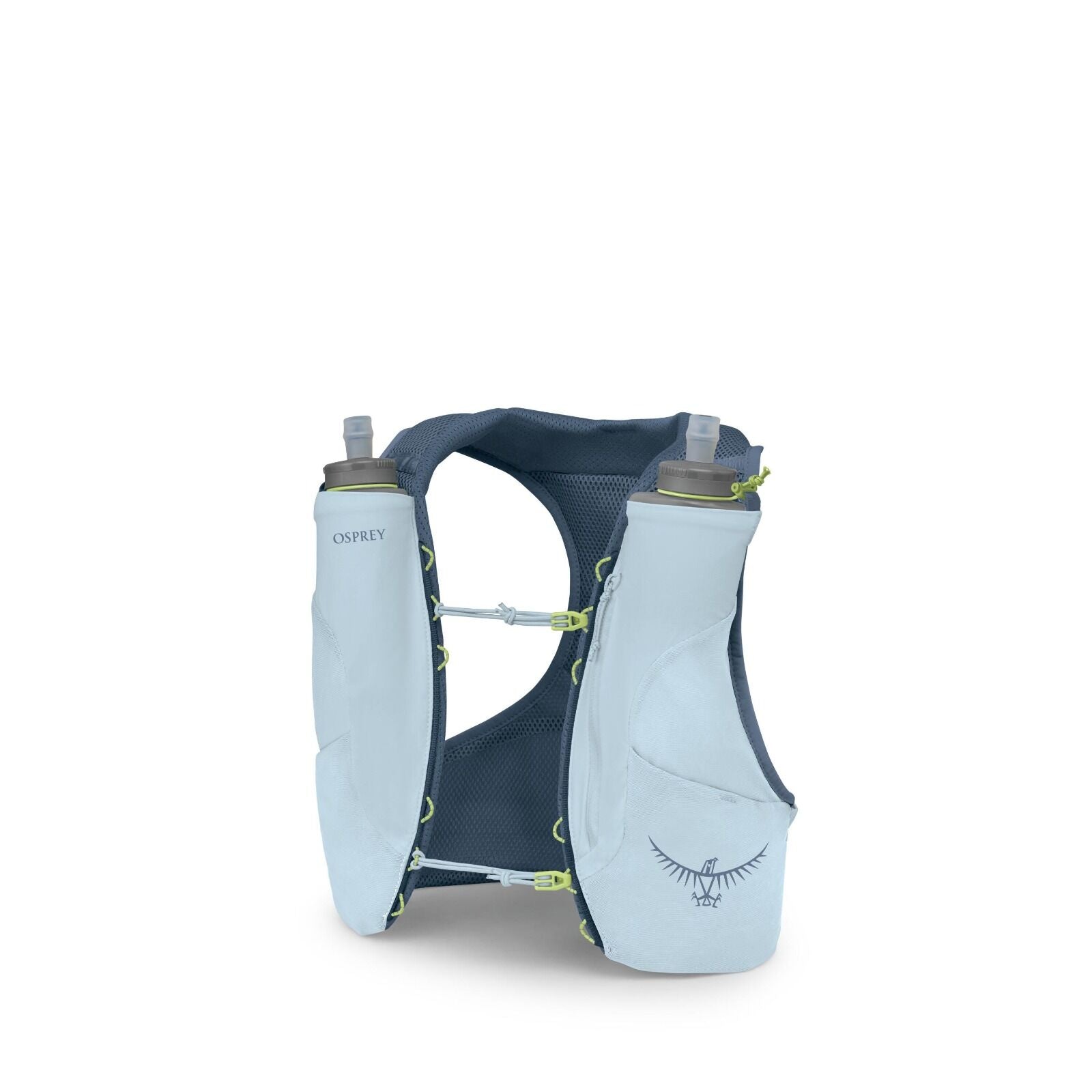 The images show a progressive breakdown of a light blue hydration vest by Osprey, commonly used for activities like running and hiking. In the first image, the vest is fully assembled, displaying two soft water bottles inserted in the front pockets, which