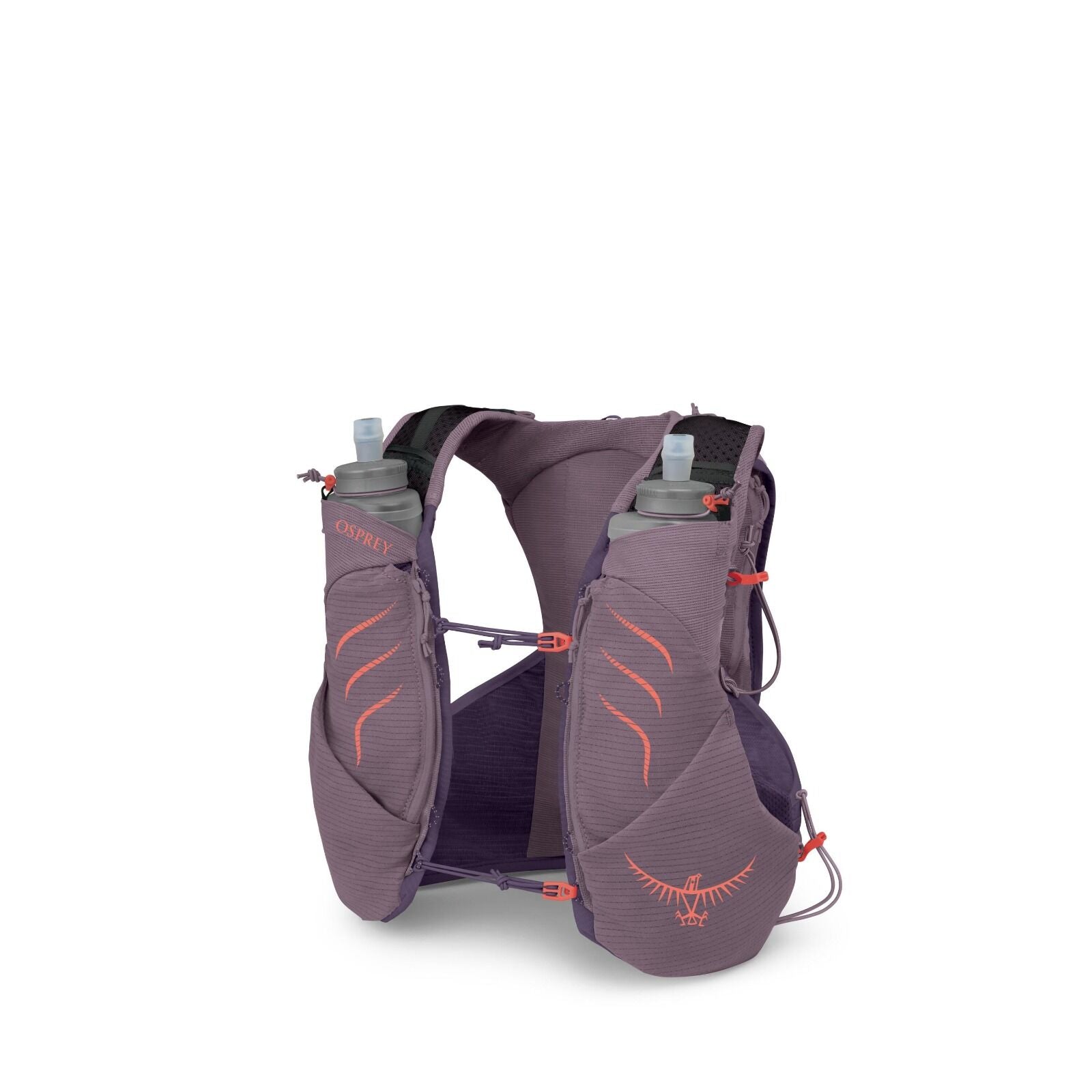 The image shows an Osprey branded running vest designed for hydration. It is a light purple color with coral accents and features two front pockets holding soft water bottles with spouts. The vest has adjustable straps and various compartments for carryin
