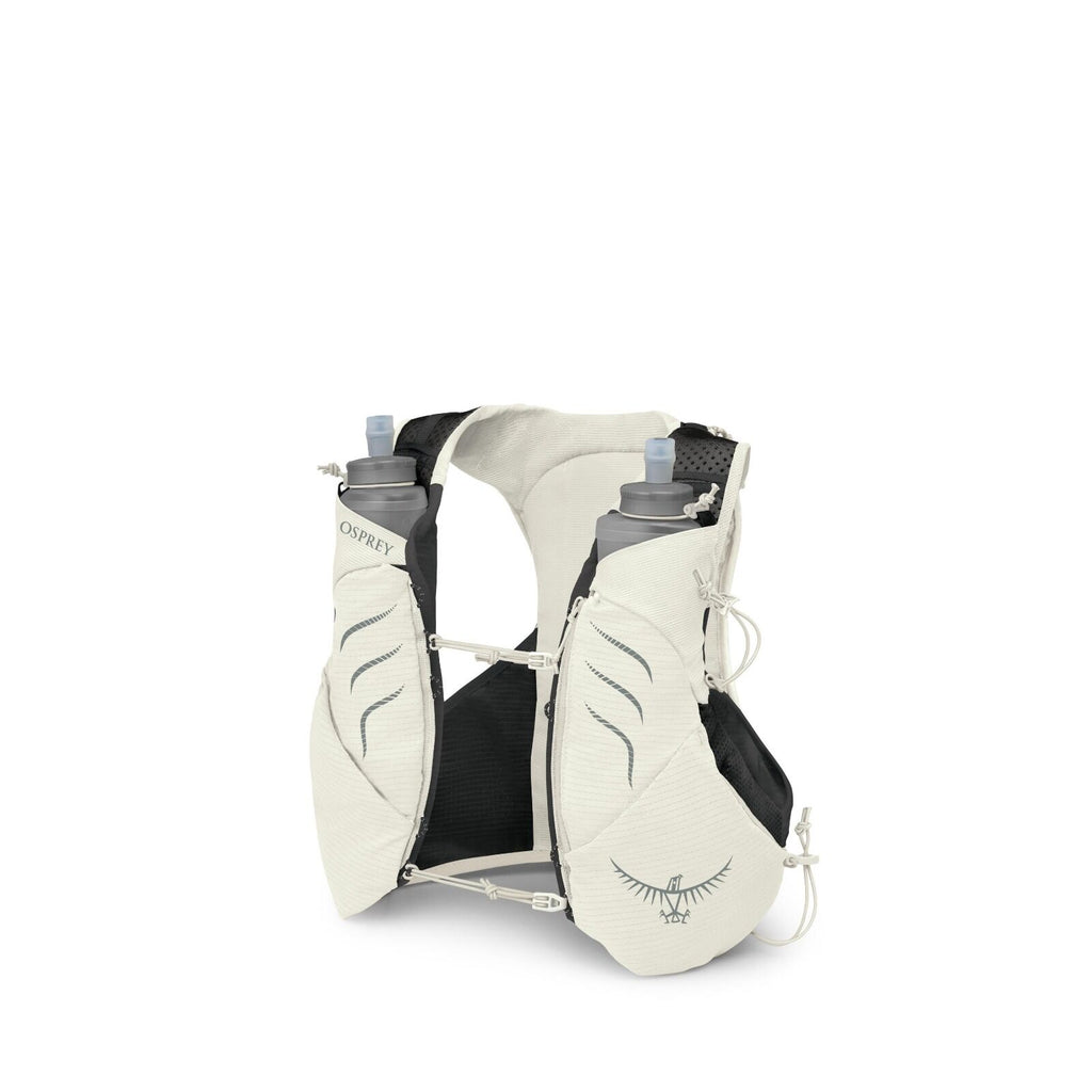 The image features a running hydration vest designed for endurance sports, prominently branded by Osprey. The vest is white with black and grey accents and has two front compartments, each containing a grey water bottle with blue caps. The vest is equippe