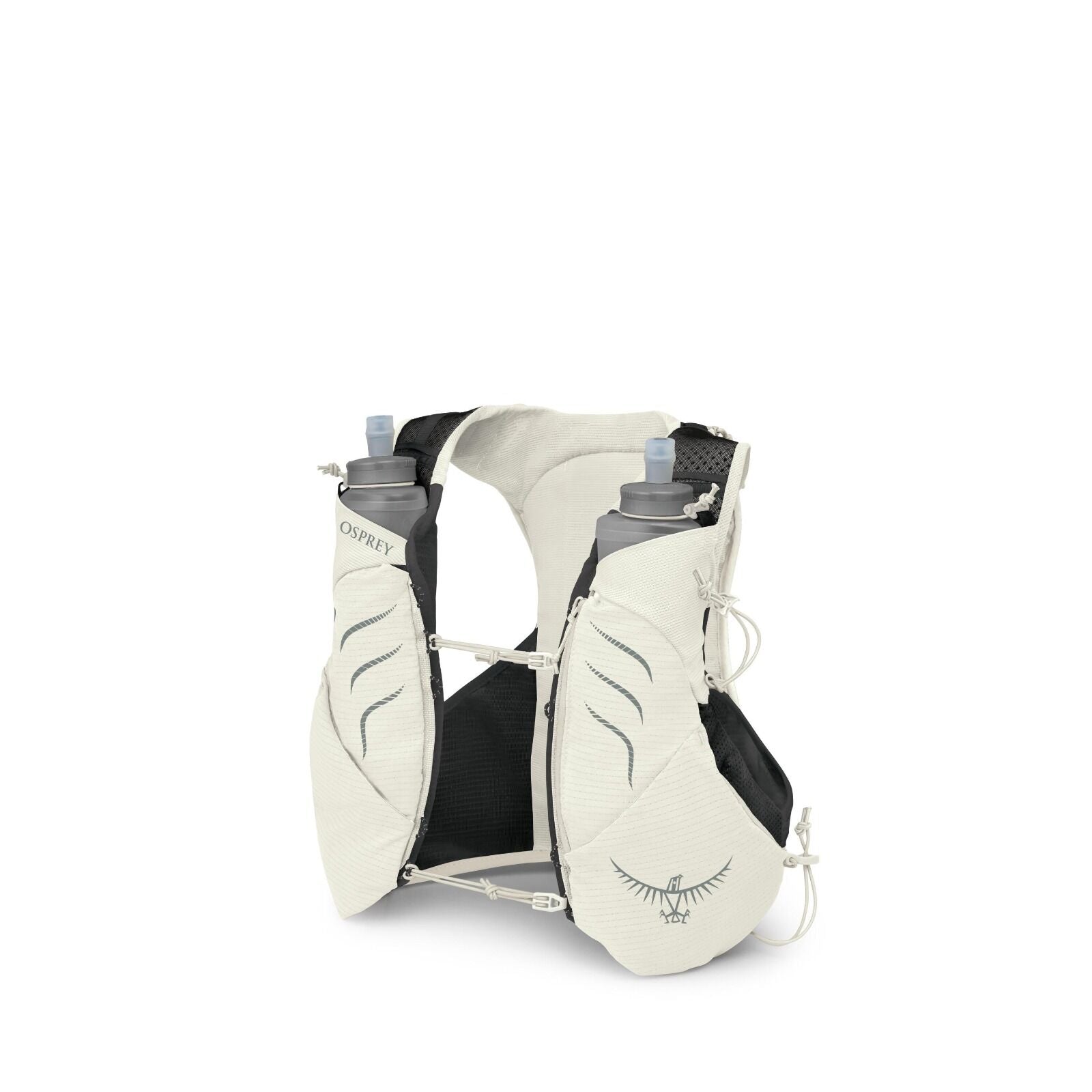 The image features a running hydration vest designed for endurance sports, prominently branded by Osprey. The vest is white with black and grey accents and has two front compartments, each containing a grey water bottle with blue caps. The vest is equippe