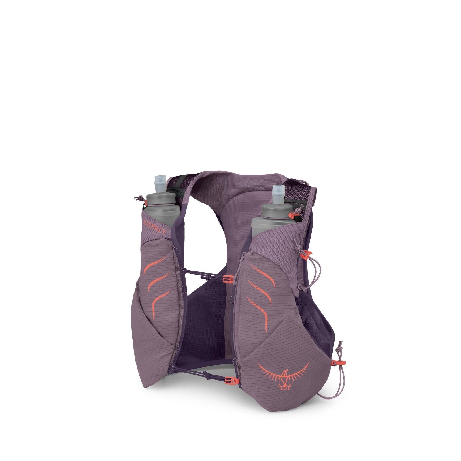 The image shows a purple Osprey hydration vest designed for running or hiking. It features two front pockets, each holding a collapsible water bottle with a drinking nozzle. The vest has several pockets and compartments, likely for storing small items or