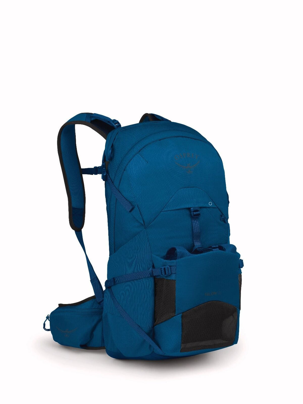 Blue hiking backpack with multiple compartments, including side mesh pockets and padded shoulder straps. The design is sleek, practical, and rugged.