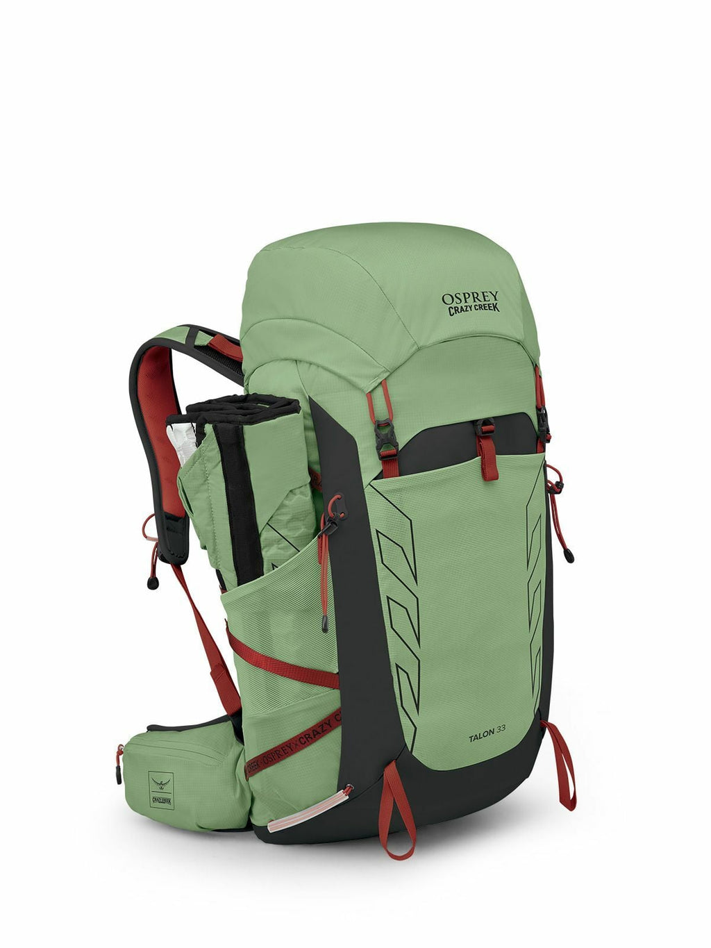 Green Osprey Talon 33 backpack with red accents, featuring adjustable straps, multiple pockets, and a sleek, functional design.