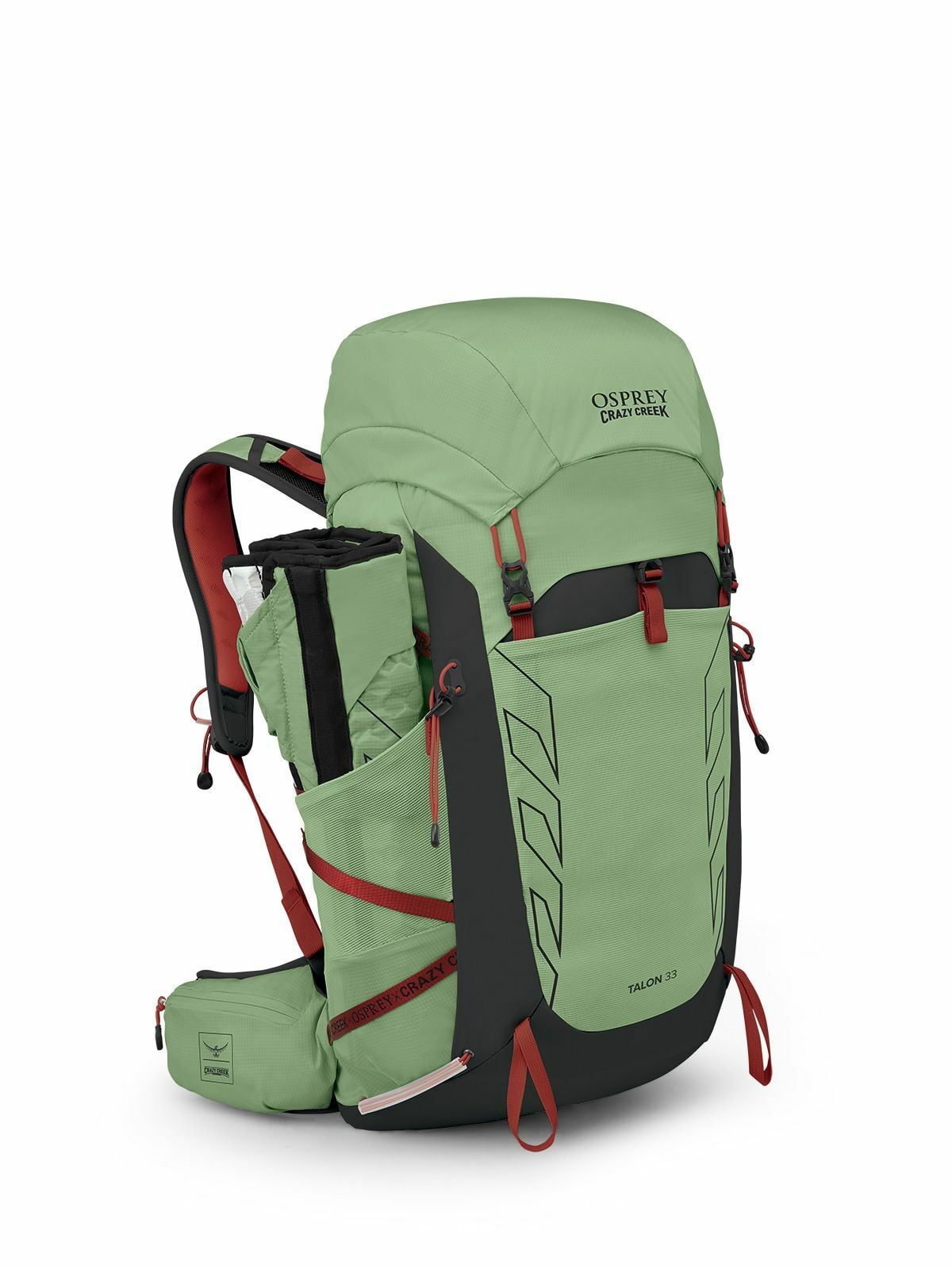 Green Osprey Talon 33 backpack with red accents, featuring adjustable straps, multiple pockets, and a sleek, functional design.
