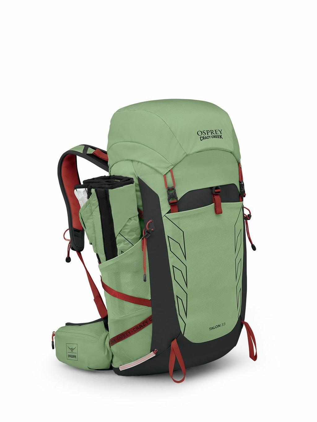 Green Osprey Talon 33 backpack with red accents, featuring adjustable straps, multiple pockets, and a sleek, functional design.