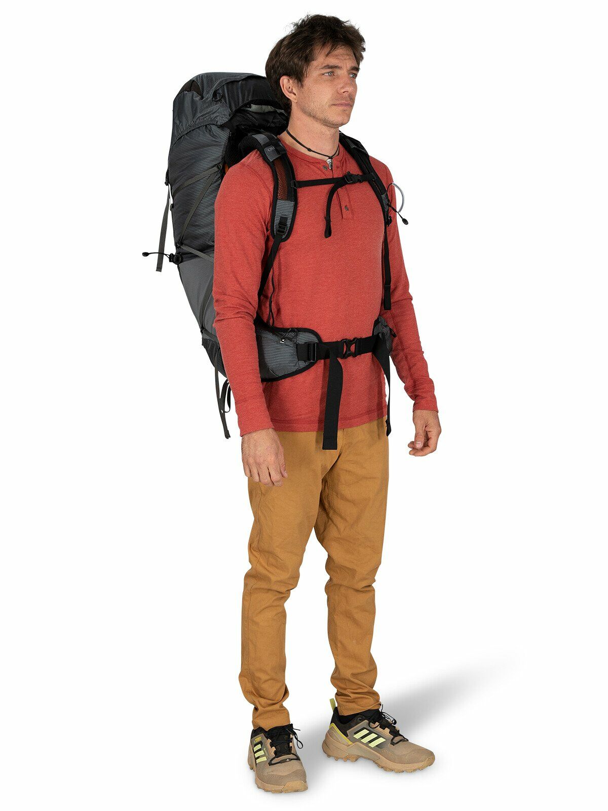 a person modeling the EXOS 48 in color Blue Ribbon