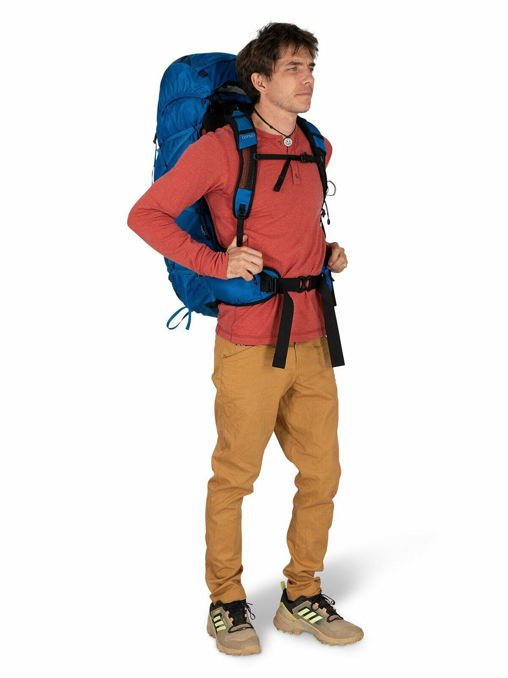 a person modeling the EXOS 58 in color blue