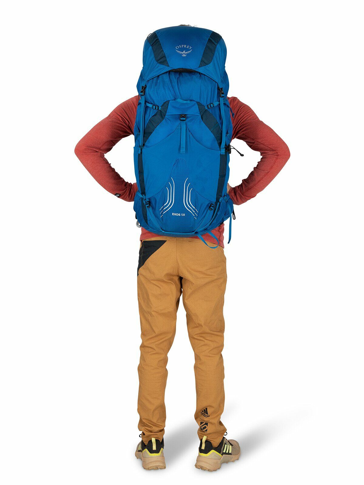 a person modeling the EXOS 58 in color blue