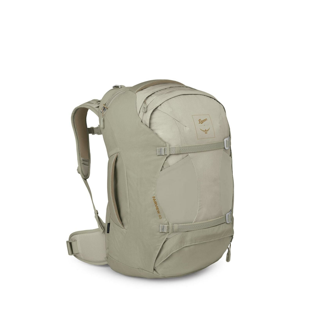 Side image of Osprey Fairview 40 and Danner collaboration in the color Sandy Grey-Sawdust