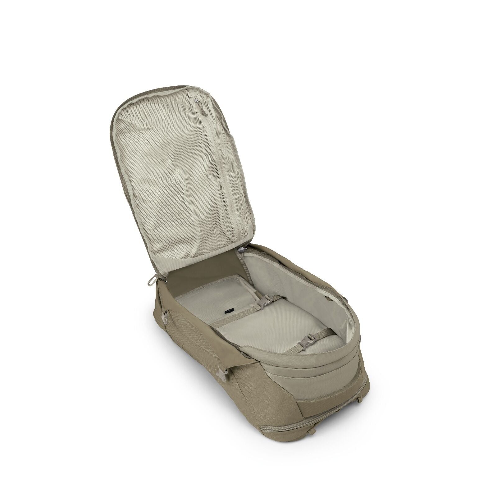 Internal view of the Fairview 40 Travel pack in the color Sawdust Olive Tan