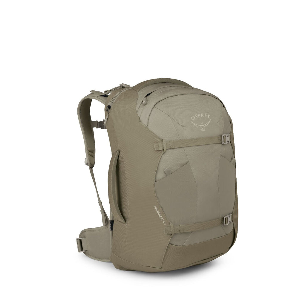Side view of the Fairview 40 Travel pack in the color Sawdust Olive Tan
