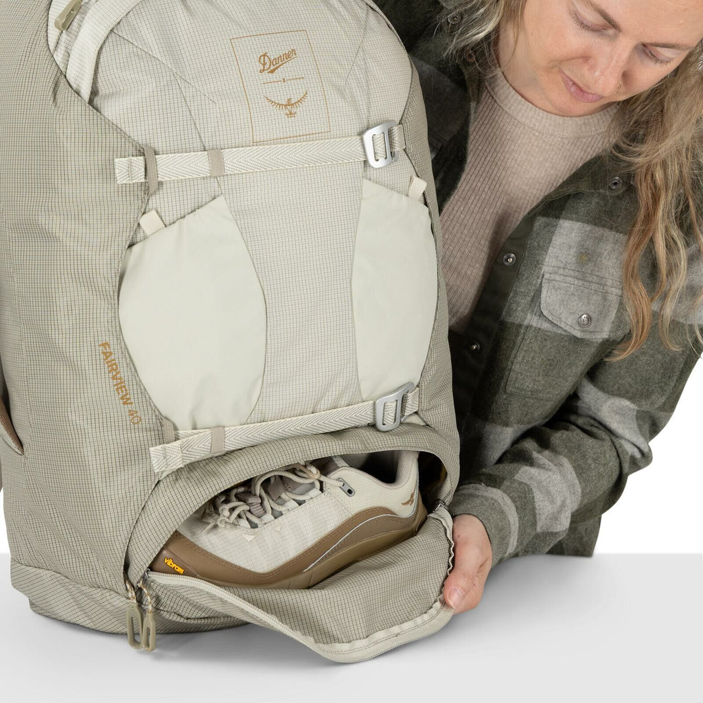 Detail image of Osprey Fairview 40 and Danner collaboration in the color Sandy Grey-Sawdust