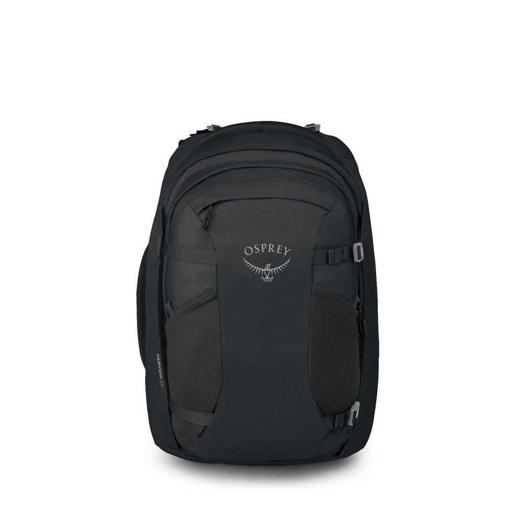 A sleek, black Osprey backpack with multiple compartments and sturdy straps, designed for travel or hiking. The logo is displayed prominently in white.