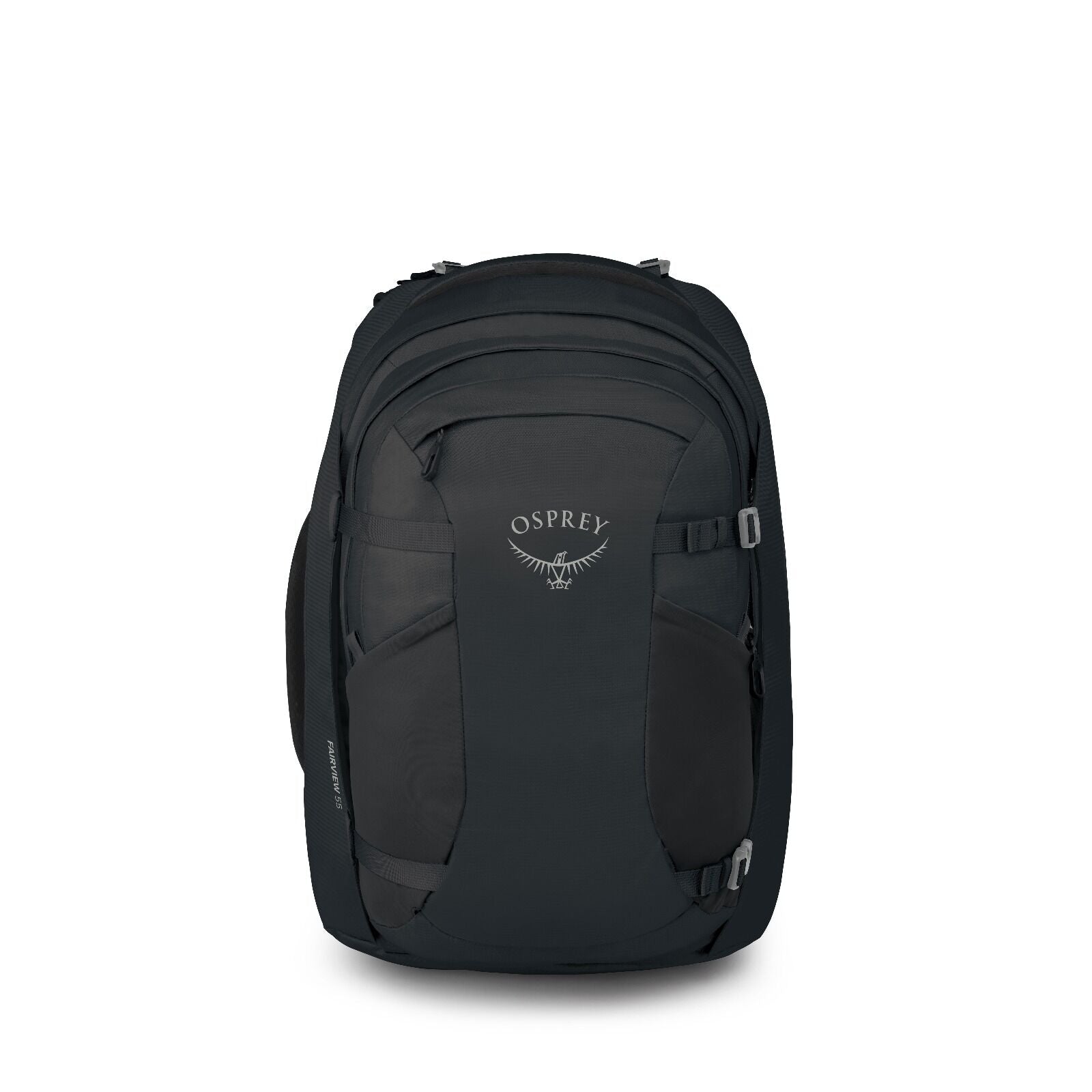 A sleek, black Osprey backpack with multiple compartments and sturdy straps, designed for travel or hiking. The logo is displayed prominently in white.
