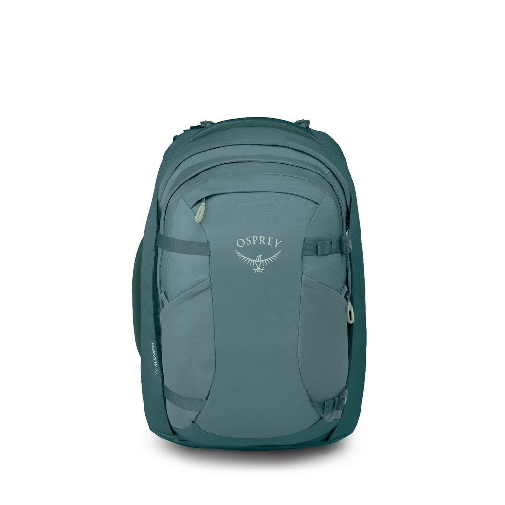 A sleek, blue Osprey backpack with multiple compartments and sturdy straps, designed for travel or hiking. The logo is displayed prominently in white.