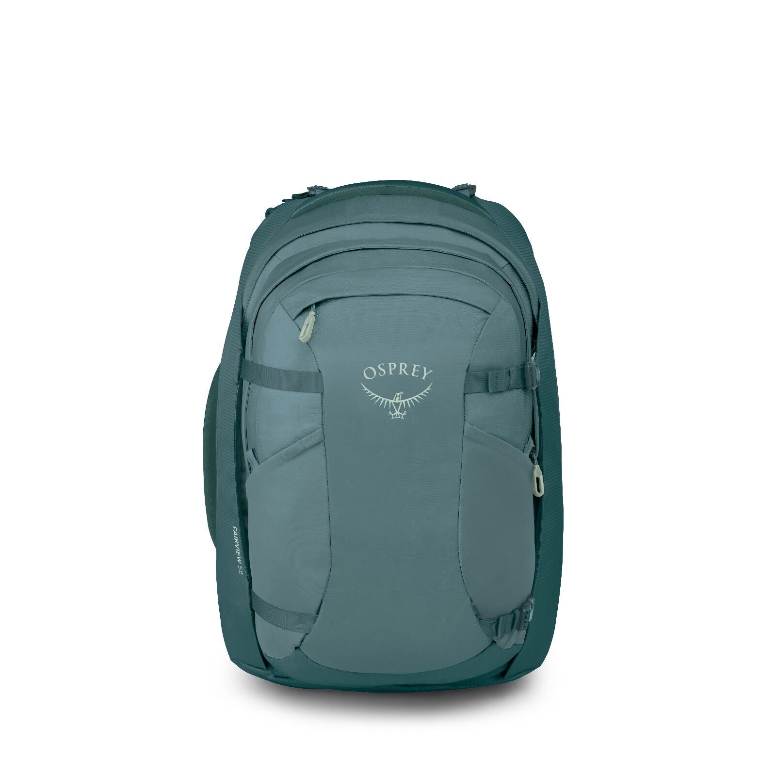 A sleek, blue Osprey backpack with multiple compartments and sturdy straps, designed for travel or hiking. The logo is displayed prominently in white.