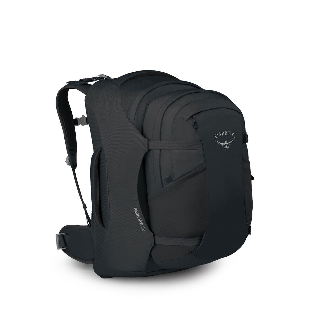 A sleek black Osprey Fairview 55 backpack with padded straps and multiple compartments, designed for travel and outdoor use. It conveys durability and functionality.
