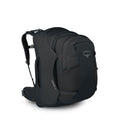 A sleek black Osprey Fairview 55 backpack with padded straps and multiple compartments, designed for travel and outdoor use. It conveys durability and functionality.