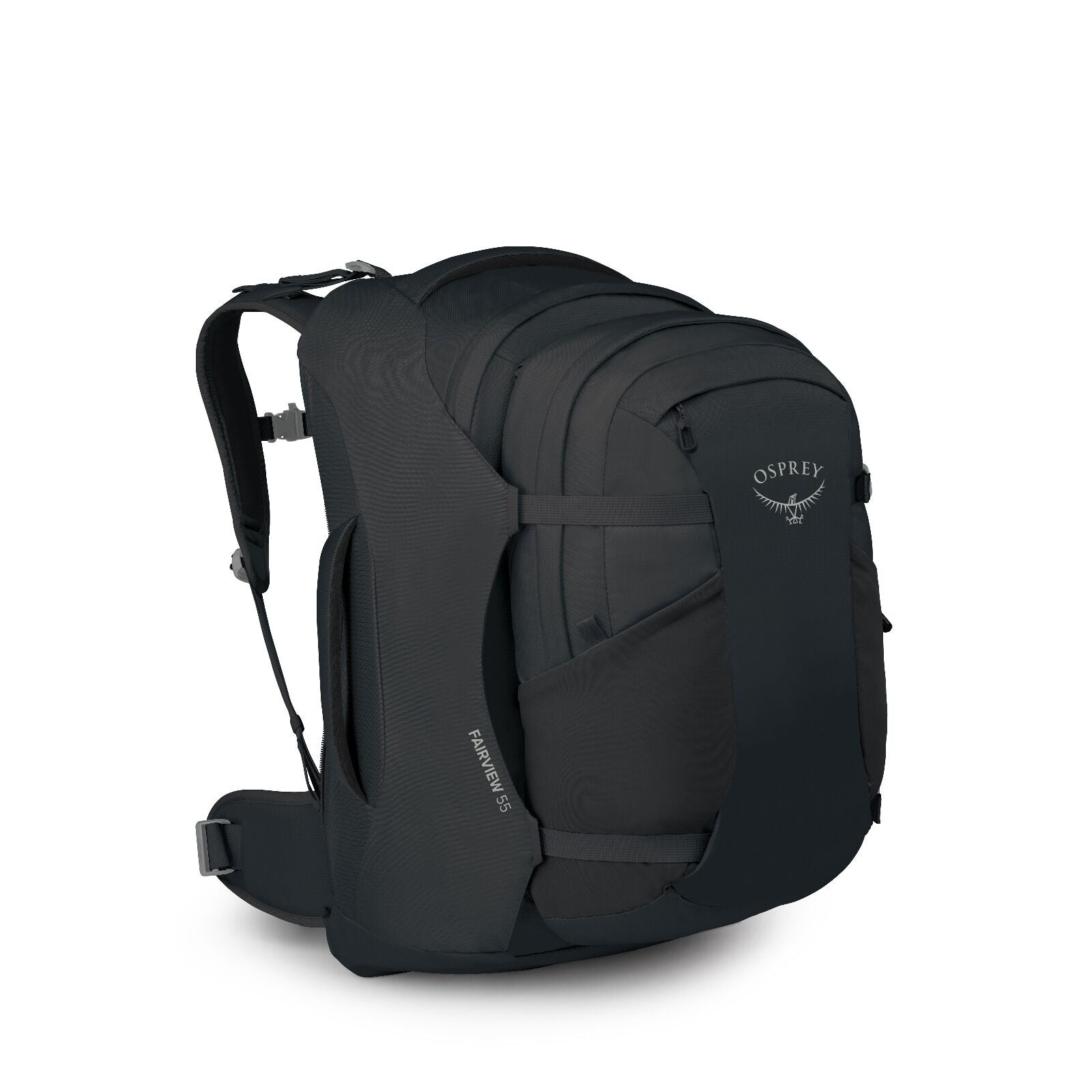 A sleek black Osprey Fairview 55 backpack with padded straps and multiple compartments, designed for travel and outdoor use. It conveys durability and functionality.
