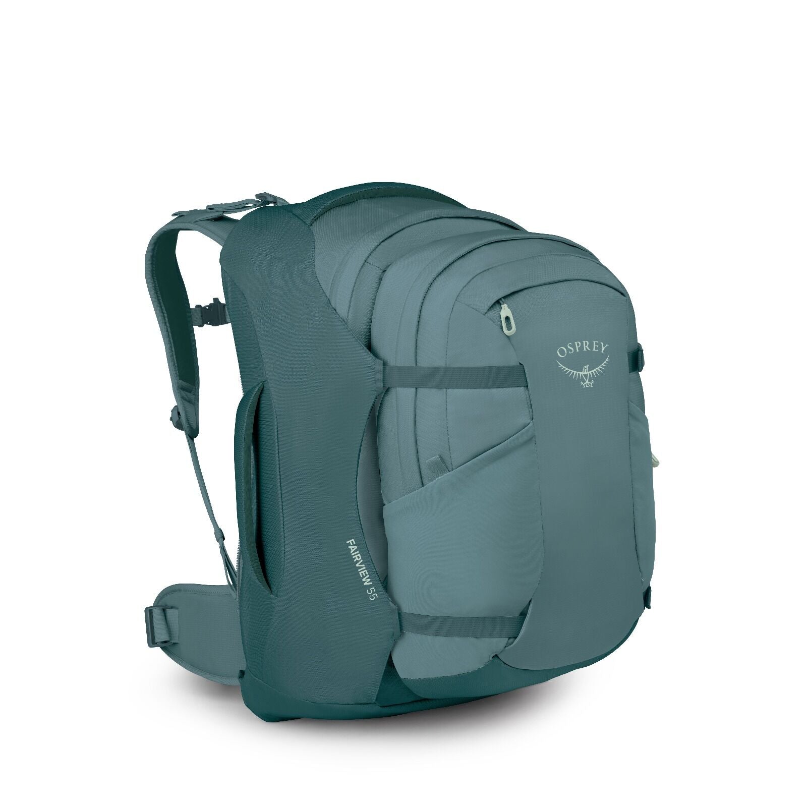 A sleek blue Osprey Fairview 55 backpack with padded straps and multiple compartments, designed for travel and outdoor use. It conveys durability and functionality.