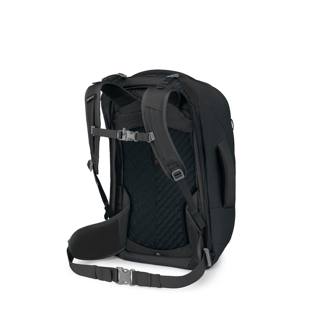 A sleek black backpack is displayed, focusing on the back panel and padded straps. It features adjustable chest and waist belts, emphasizing comfort and support.