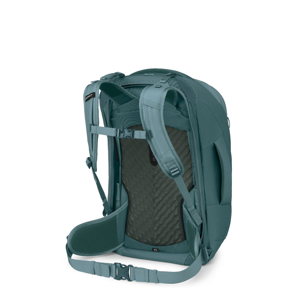 A sleek blue backpack is displayed, focusing on the back panel and padded straps. It features adjustable chest and waist belts, emphasizing comfort and support.
