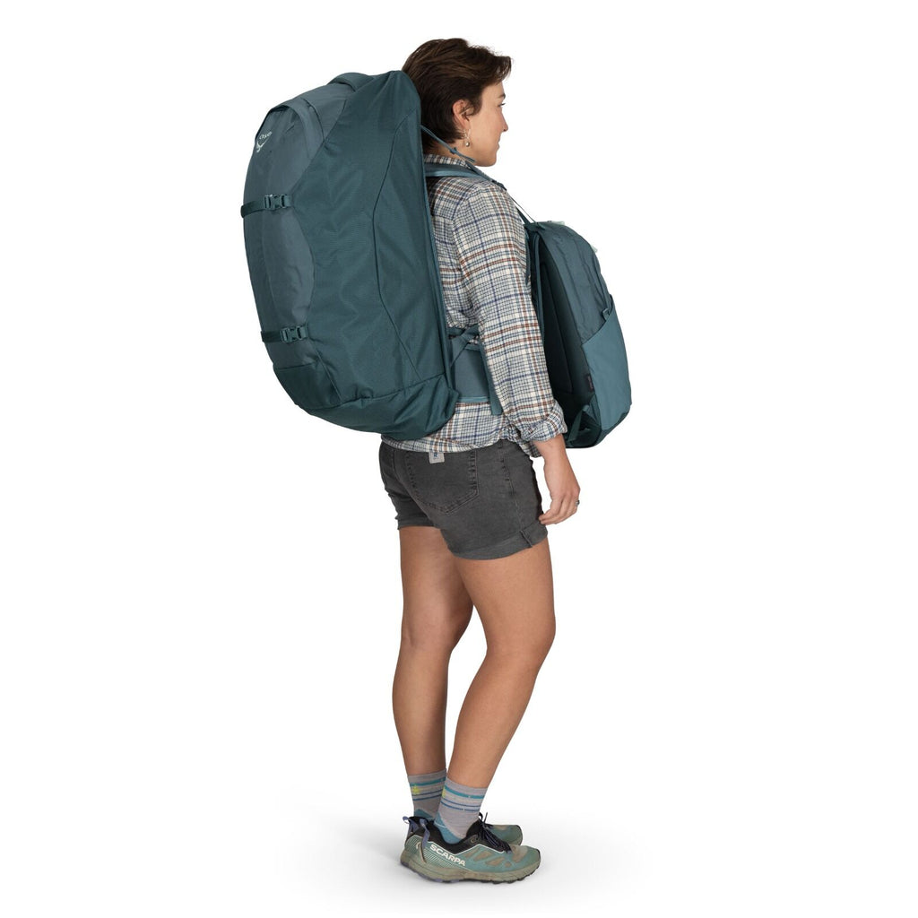 On-body image of the Fairview 70 in Cascade Blue - Torrent Blue on model