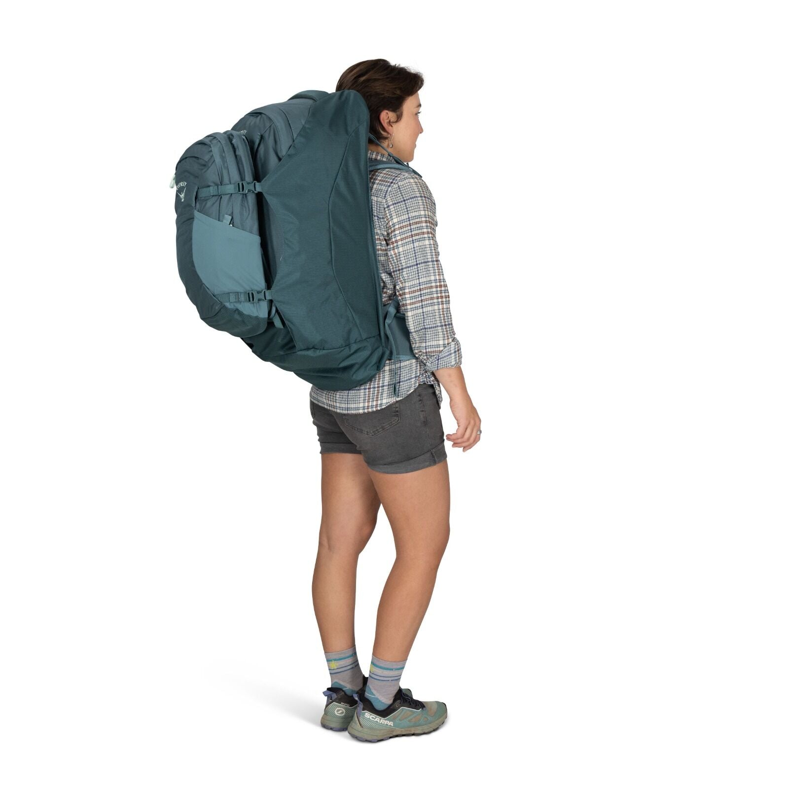 On-body image of the Fairview 70 in Cascade Blue - Torrent Blue on model