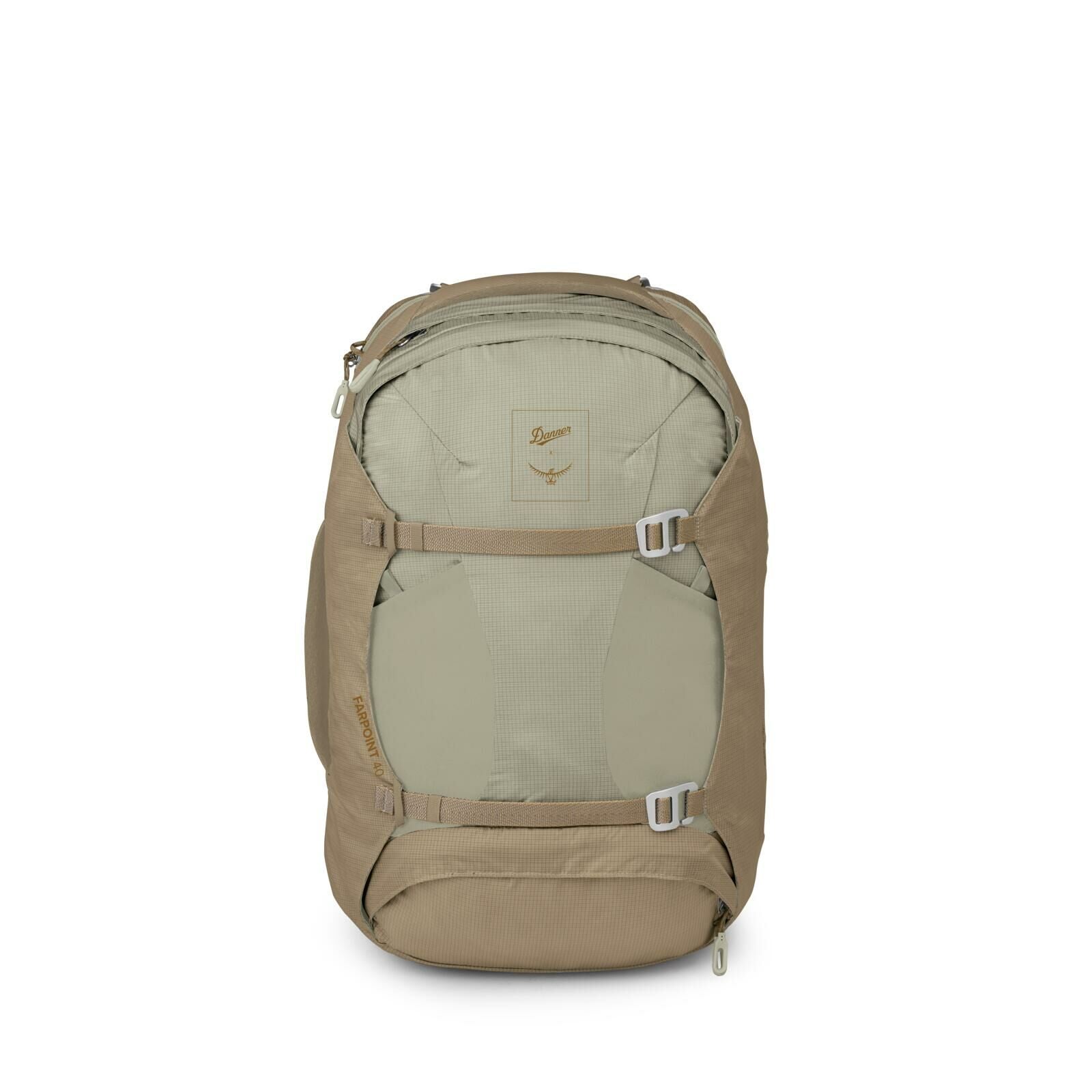 Side image of Osprey Farpoint 40 and Danner collaboration in the color Sandy Grey-Sawdust