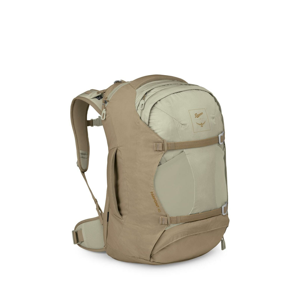Side image of Osprey Farpoint 40 and Danner collaboration in the color Sandy Grey-Sawdust