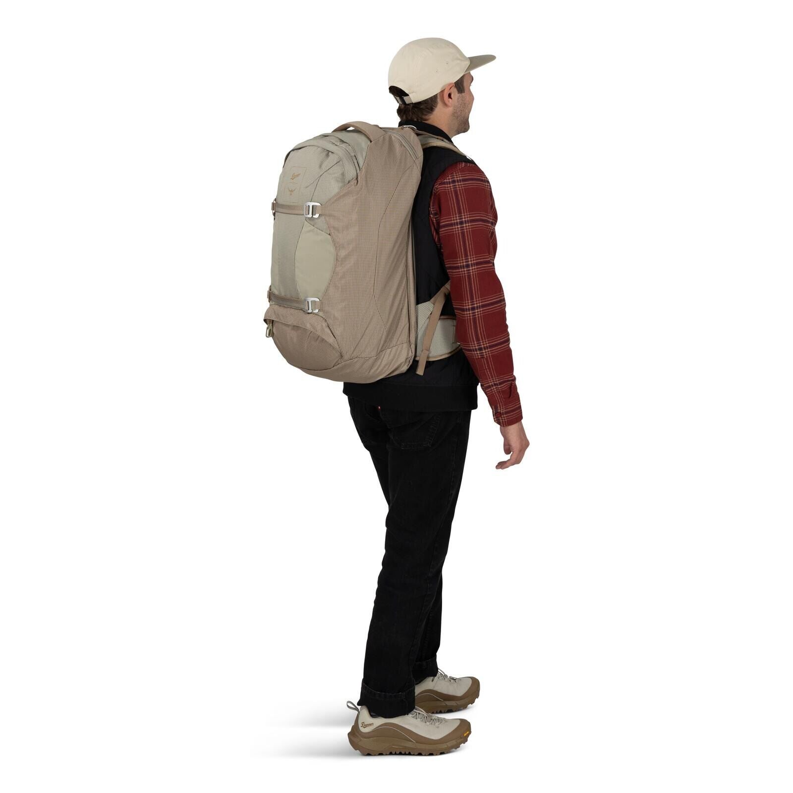 on-body image of Osprey Farpoint 40 and Danner collaboration in the color Sandy Grey-Sawdust