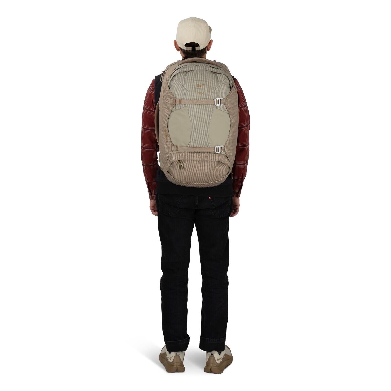 on-body image of Osprey Farpoint 40 and Danner collaboration in the color Sandy Grey-Sawdust
