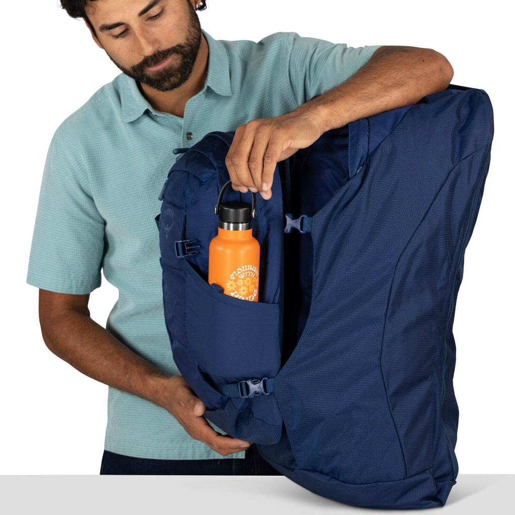 Detailed image of the Osprey Farpoint 70 Travel pack in the color Antique Blue