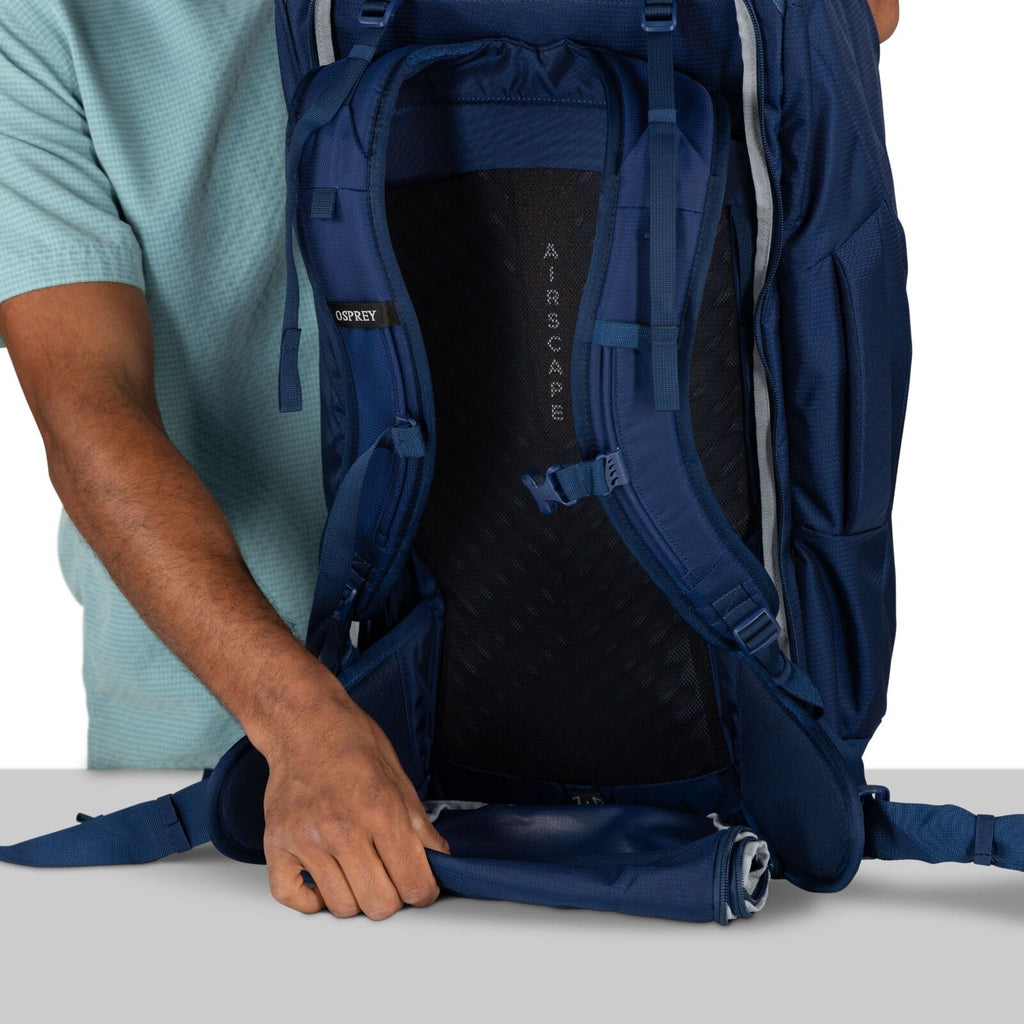 Detailed image of the Osprey Farpoint 70 Travel pack in the color Antique Blue