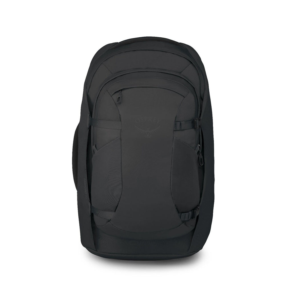 Front image of the Black Osprey Farpoint 70 Travel backpack with multiple compartments, padded shoulder straps, and a top handle, shown against a white background.