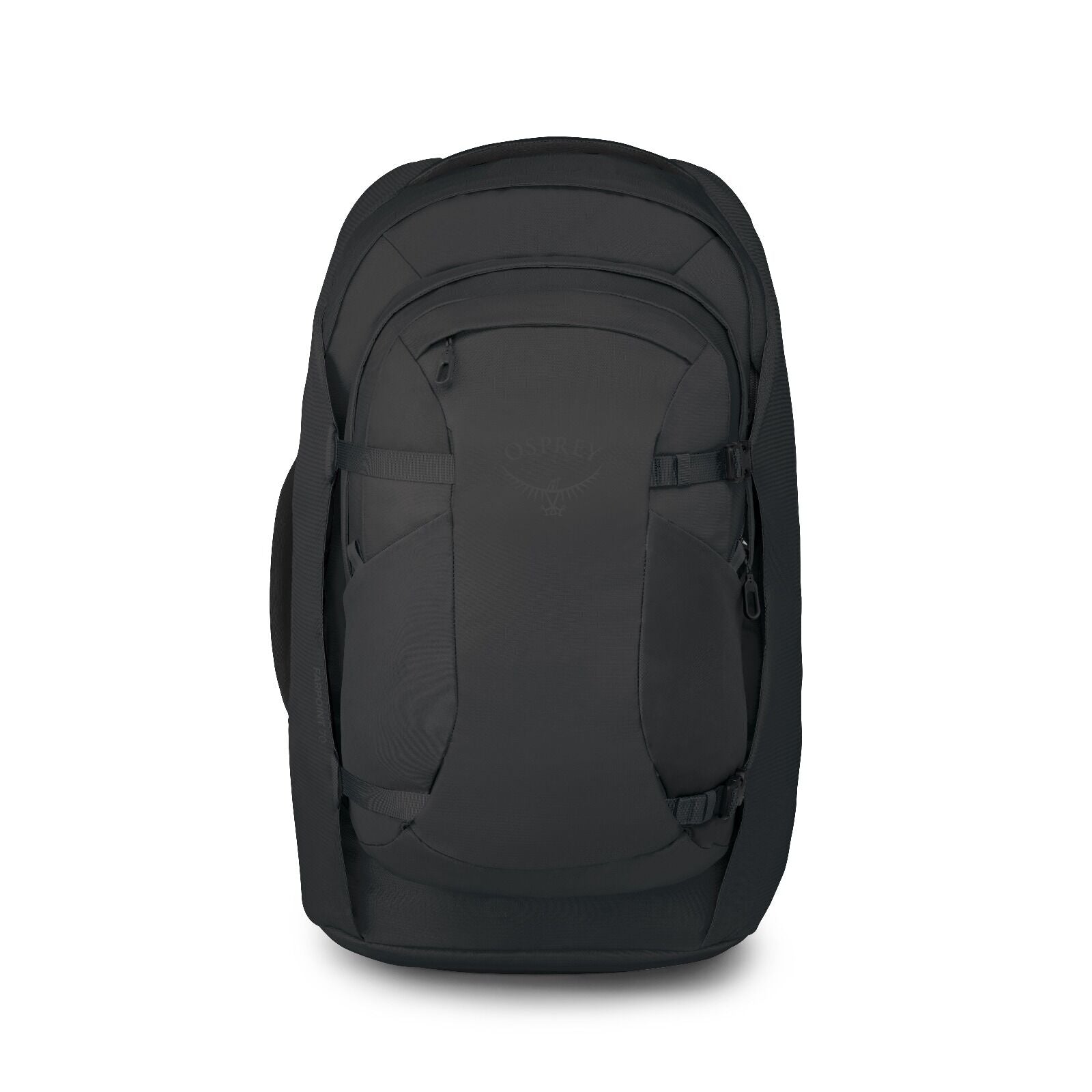 Front image of the Black Osprey Farpoint 70 Travel backpack with multiple compartments, padded shoulder straps, and a top handle, shown against a white background.